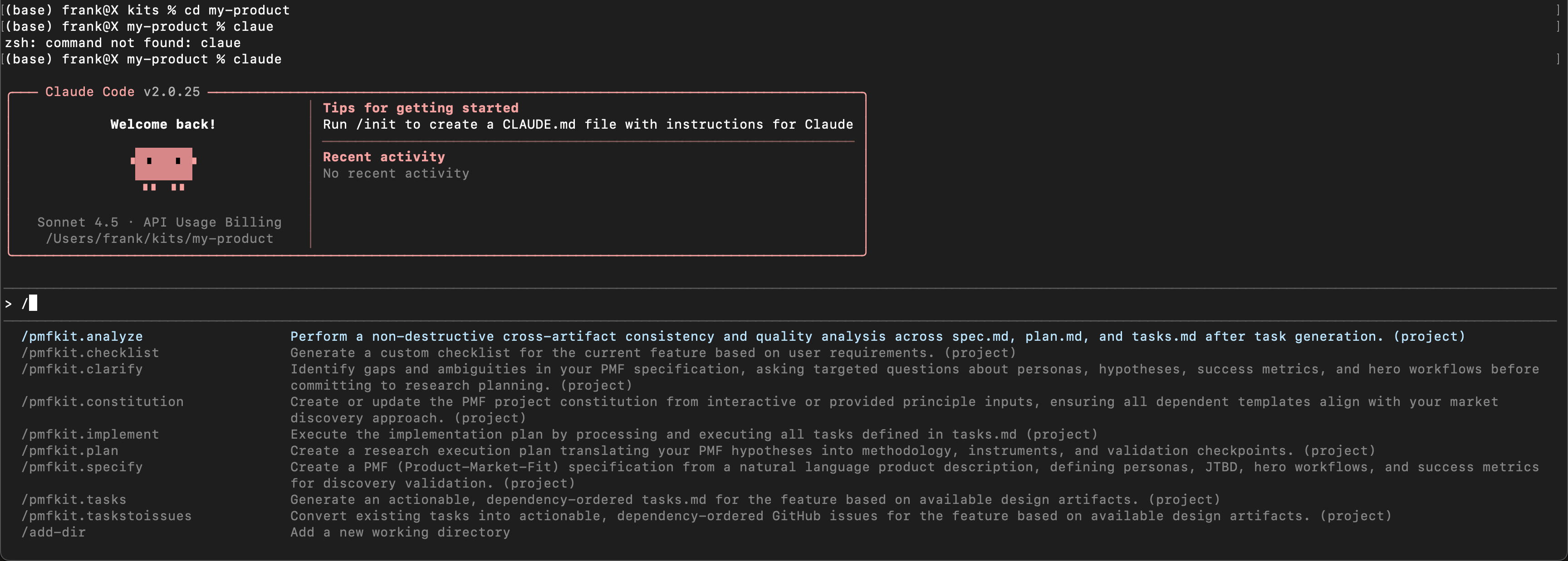 Claude Code showing PMF-Kit commands